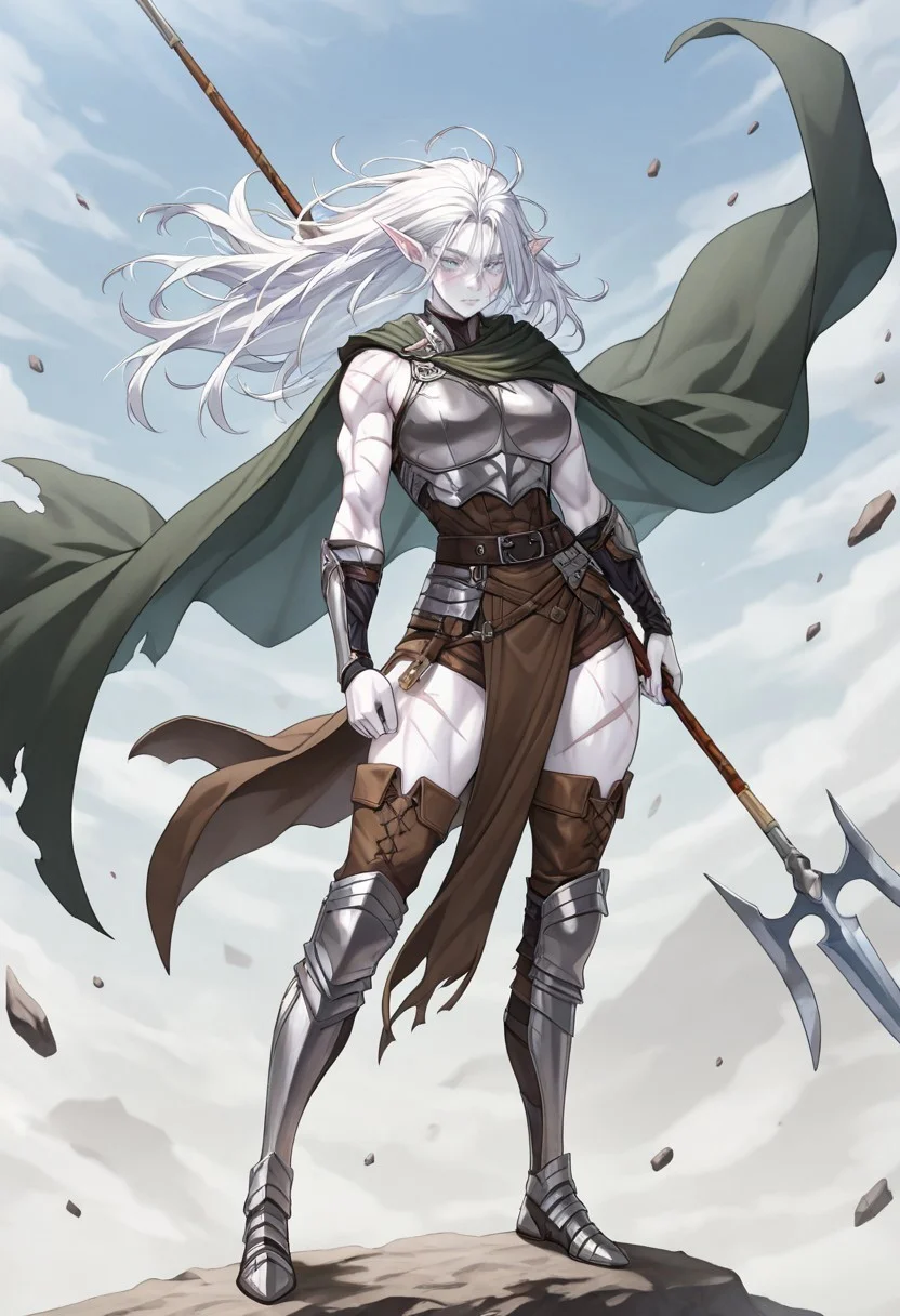 masterpiece, best quality, newest, absurdres, highres, anime, anime style, DPDV1.0, dynamic pose, polearm, holding polearm, holding weapon, weapon,
1girl, pale, white skin, colored skin, pale skin, elf, pointy ears, muscular woman, armor, cape, leather armor, scar, scars on face, white hair, long hair, messy hair,
spear, holding spear,