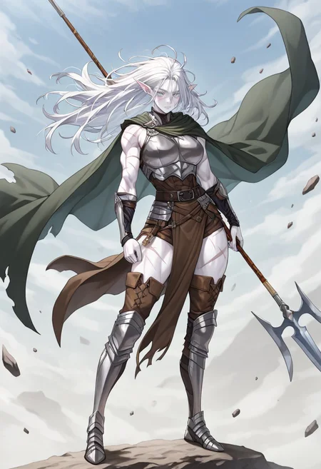masterpiece, best quality, newest, absurdres, highres, anime, anime style, DPDV1.0, dynamic pose, polearm, holding polearm, holding weapon, weapon,
1girl, pale, white skin, colored skin, pale skin, elf, pointy ears, muscular woman, armor, cape, leather armor, scar, scars on face, white hair, long hair, messy hair,
spear, holding spear,