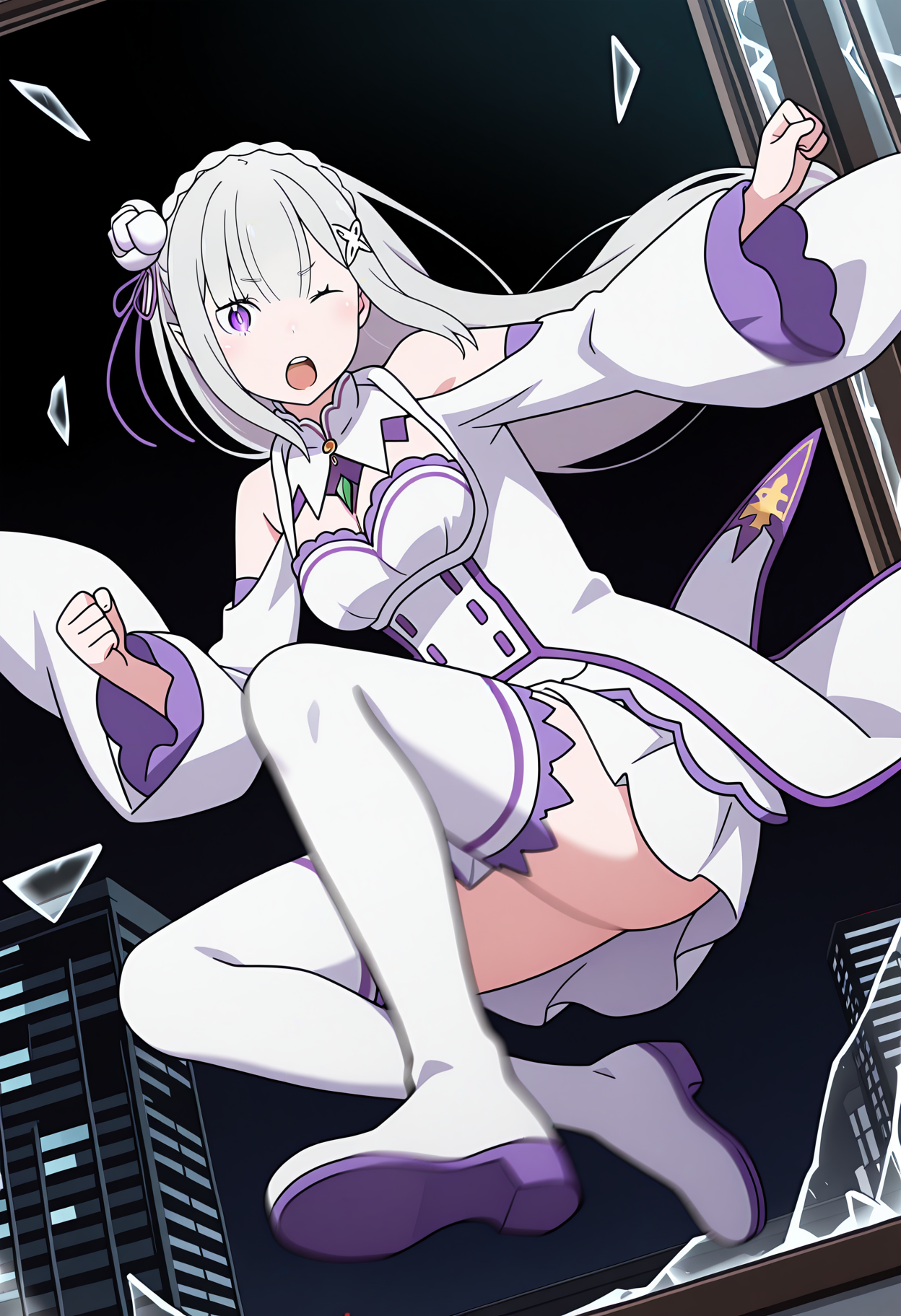 masterpiece, best quality, high resolution, source_anime, highly detailed illustration, detailed eyes,  
very aesthetic, absurdres, newest, amazing quality, 
1girl, solo, re:zero kara hajimeru isekai seikatsu, anime screencap, anime coloring, 
<lora:shiEmiliaV12ill:1> shimilia, long hair, grey hair, purple eyes, pointy ears, crown braid, hair flower, hair ribbon, purple ribbon, x hair ornament, white dress, cleavage, bare shoulders, wide sleeves, white thighhighs, thigh boots,
looking at viewer,
<lora:shiJumpingWindowV1ill:1>, shijumpwindow, breaking through window, broken glass, jumping, window, open window, 
closed mouth, full body, motion blur, 
clenched teeth, injury, glass, crack, carrying, one eye closed, scar, black background, glass shards, building, 
:o, city, falling, shoe soles, skyscraper,  sky, glass, floating hair, 
kicking, fighting stance, battle, shouting, open mouth, night, night sky, ice, cable,