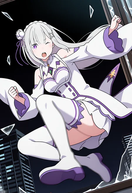 masterpiece, best quality, high resolution, source_anime, highly detailed illustration, detailed eyes,
very aesthetic, absurdres, newest, amazing quality,
1girl, solo, re:zero kara hajimeru isekai seikatsu, anime screencap, anime coloring,
<lora:shiEmiliaV12ill:1> shimilia, long hair, grey hair, purple eyes, pointy ears, crown braid, hair flower, hair ribbon, purple ribbon, x hair ornament, white dress, cleavage, bare shoulders, wide sleeves, white thighhighs, thigh boots,
looking at viewer,
<lora:shiJumpingWindowV1ill:1>, shijumpwindow, breaking through window, broken glass, jumping, window, open window,
closed mouth, full body, motion blur,
clenched teeth, injury, glass, crack, carrying, one eye closed, scar, black background, glass shards, building,
:o, city, falling, shoe soles, skyscraper, sky, glass, floating hair,
kicking, fighting stance, battle, shouting, open mouth, night, night sky, ice, cable,