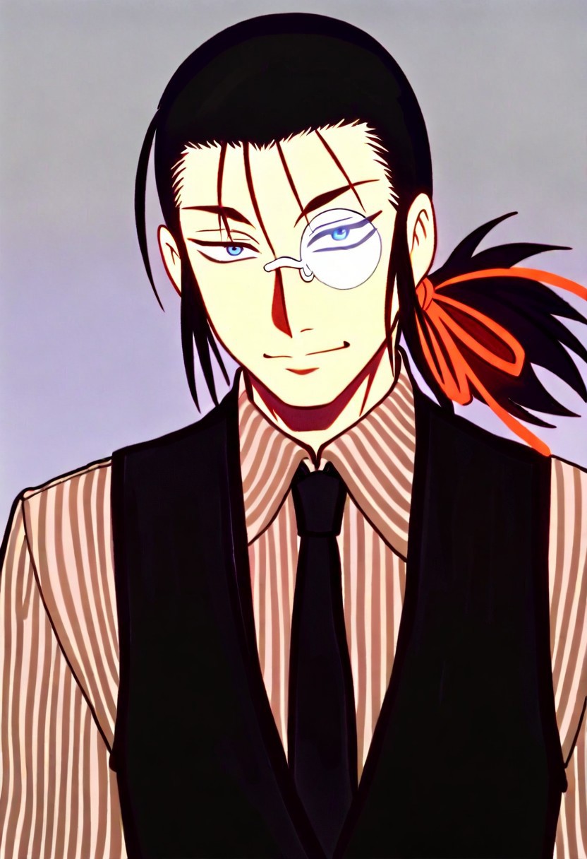 solo, 1Boy, DarkWalter, blue eyes, black hair, back slicked ponytail, red hair ribbon, monocle, monocle over left eye, black tie, black vest, black pinstripe shirt, black fingerless gloves,  smile, upper body, masterpiece, best quality, amazing quality, very aesthetic, absurdres, blue background
