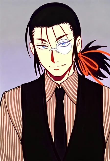 solo, 1Boy, DarkWalter, blue eyes, black hair, back slicked ponytail, red hair ribbon, monocle, monocle over left eye, black tie, black vest, black pinstripe shirt, black fingerless gloves,  smile, upper body, masterpiece, best quality, amazing quality, very aesthetic, absurdres, blue background