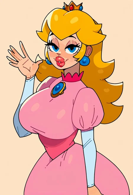 score_9, score_8_up, score_7_up, score_6_up, rating_safe, 1girl, princess peach, plump lips, bedroom eyes, huge breasts, slim waist, castle, waving, smile, very up-close, portrait, simple background, bedroom eyes,