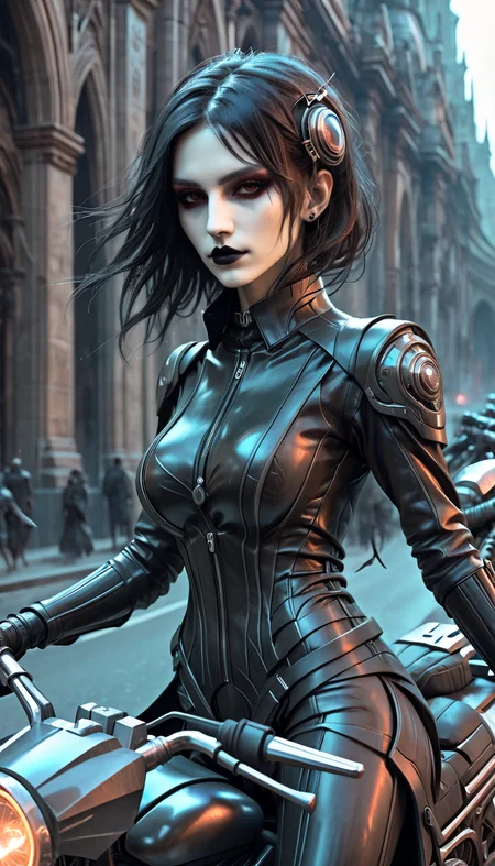 positiv Clip L:
 skinny gothic woman ride a motorcycle sci-fi, highly detailed, digital painting, artstation, concept art, smooth, sharp focus, illustration, art by artgerm and greg rutkowski and alphonse mucha 
positiv Clip G:
 skinny gothic woman ride a motorcycle sci-fi, highly detailed, digital painting, artstation, concept art, smooth, sharp focus, illustration, art by artgerm and greg rutkowski and alphonse mucha