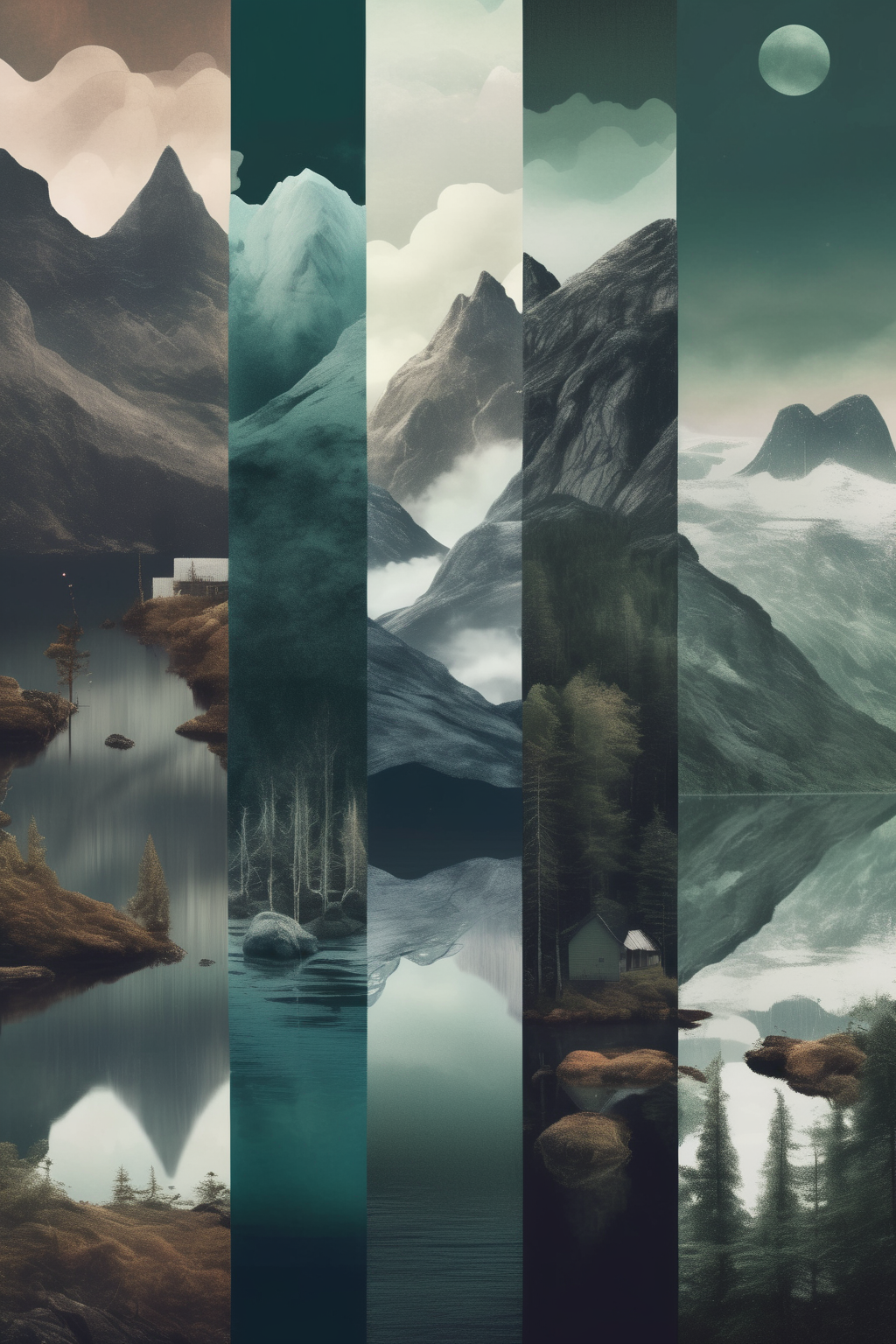<lora:Vertical Landscapes:1>Vertical Landscapes - Digital collage of Nordic landscapes in a dark color palette, infused with elements of surrealism. The dreamlike combination of mountains, forests, and fjords blended with unexpected imagery creates a sense of mystery and enchantment, reflecting the profound connection between the Nordic people and their natural surroundings.