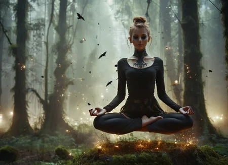 side light, night, dark, 1girl, j3nn1f3r8XL, witch,  solo, slender, black eyesockets, facepaint, body paint, symbols, henna, tattoo, smile, (levitate, lotus pose), sitting in yoga position, floating above bed of moss, decaying forest,  skin-tight long-sleeve shirt, skirt,  , pixie haircut, perfect face, updo, massive breasts, makeup,  jewelry, night, lantern, low angle, from below, perspective, outdoors, detailed feet, exquisite composition, horror, blurry background, fireflies, crows, rats
 <lora:levitate-PNY-SDXL-SD15-Panache:1> <lora:Witch_SDXL_r1:1>w1+ch <lora:perfect feet:0.5> Perfect feet <lora:glowneon_xl_v1:0.5> glowneon, glowing, sparks, lightning <lora:Dramatic Lighting Slider:2>