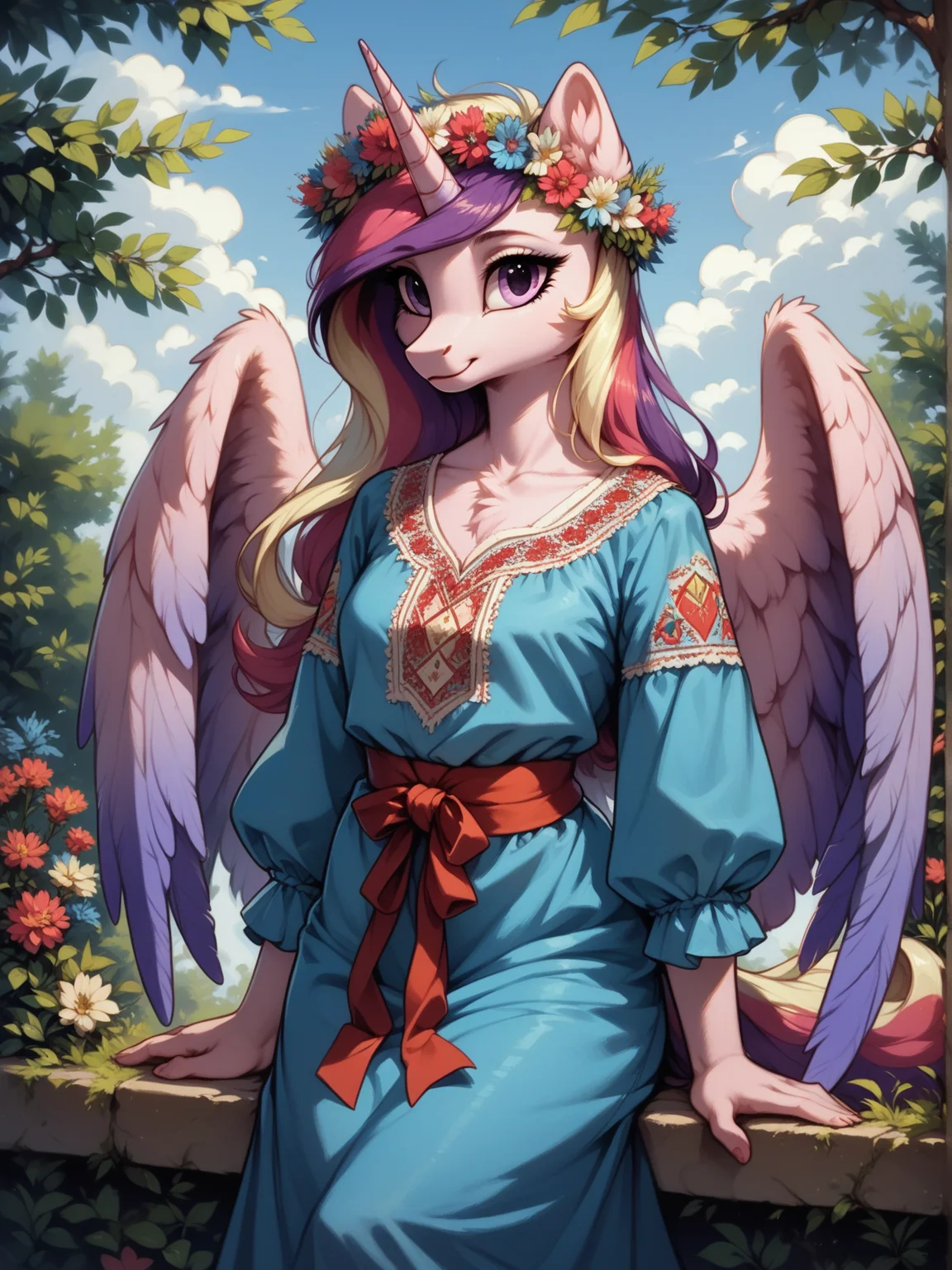 score_9, score_8_up, score_7_up, score_6_up, (realistic illustration:1.2), 1girl, solo, (Princess Cadance:1.2) \(mlp\), (anthro pony:1.1), tail, medium breast, blue dress, red belt, cute, (flower crown:1.2), unicorn horn, (big feathered wings:1.1),
(portrait:1.2), spring, flowering trees, outside,
<lora:Ukrainian_embroidered_shirt:1> Vyshyvanka, Ukrainian embroidered shirt, embroidered shirt, <lora:Anime Summer Days 2 Style SDXL_LoRA_Pony Diffusion V6 XL:0.5> <lora:Realistic000003_1_2.5DAnime_0.05_Merge1:0.5> <lora:MegaFluffyPony:0.5> MegaFluffyPony, furry, fluffy