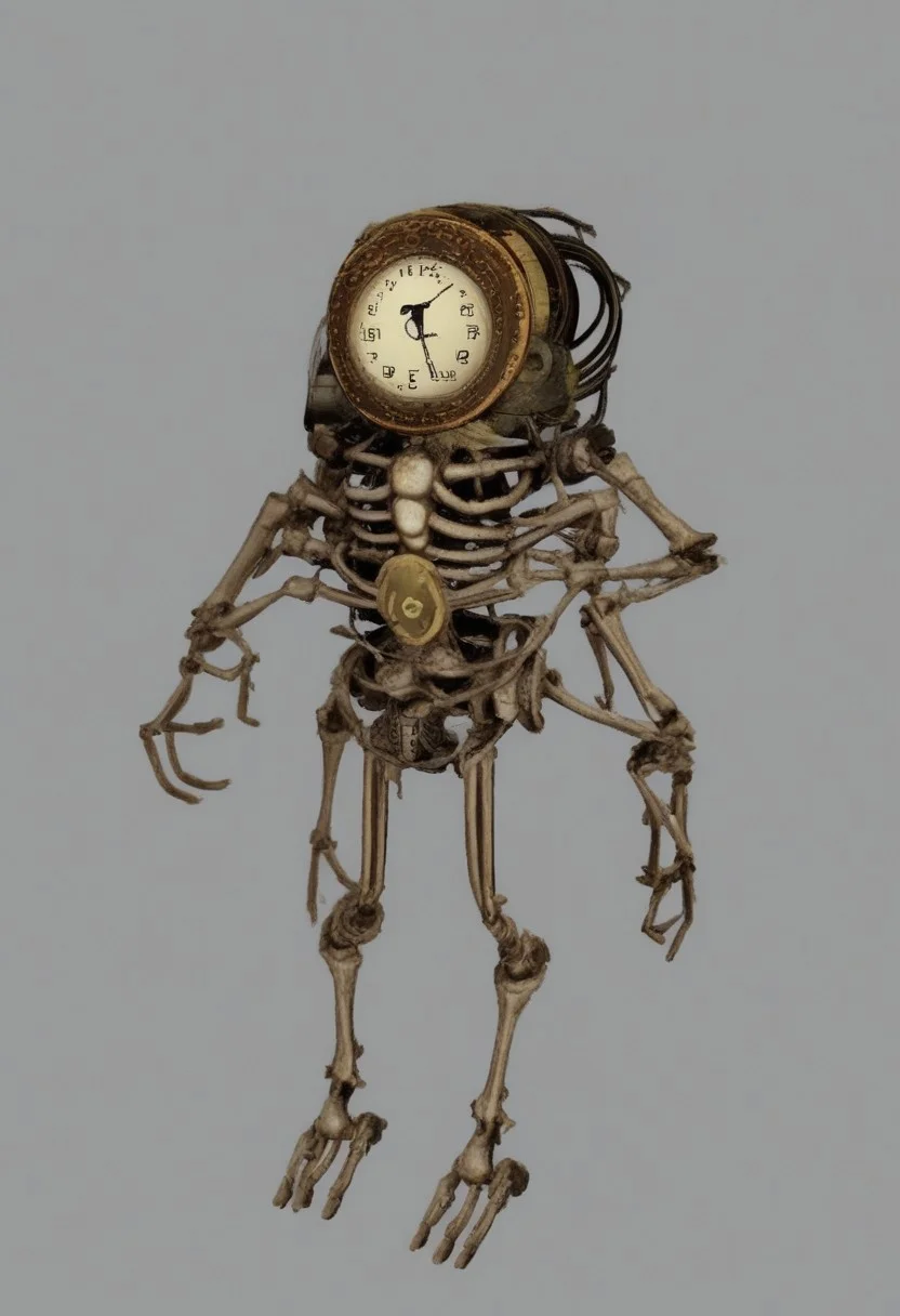 a time traveler who has been transformed into a skeletal version of themselves. Show them standing in front of a time machine made of bones, with clock faces and gears visible through the skeletal framework