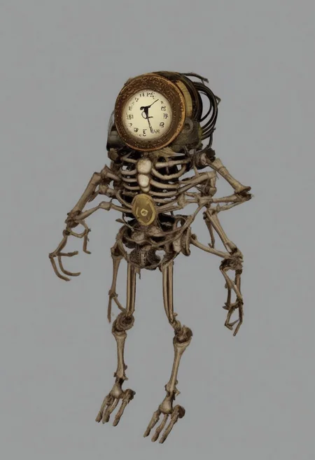 a time traveler who has been transformed into a skeletal version of themselves. Show them standing in front of a time machine made of bones, with clock faces and gears visible through the skeletal framework