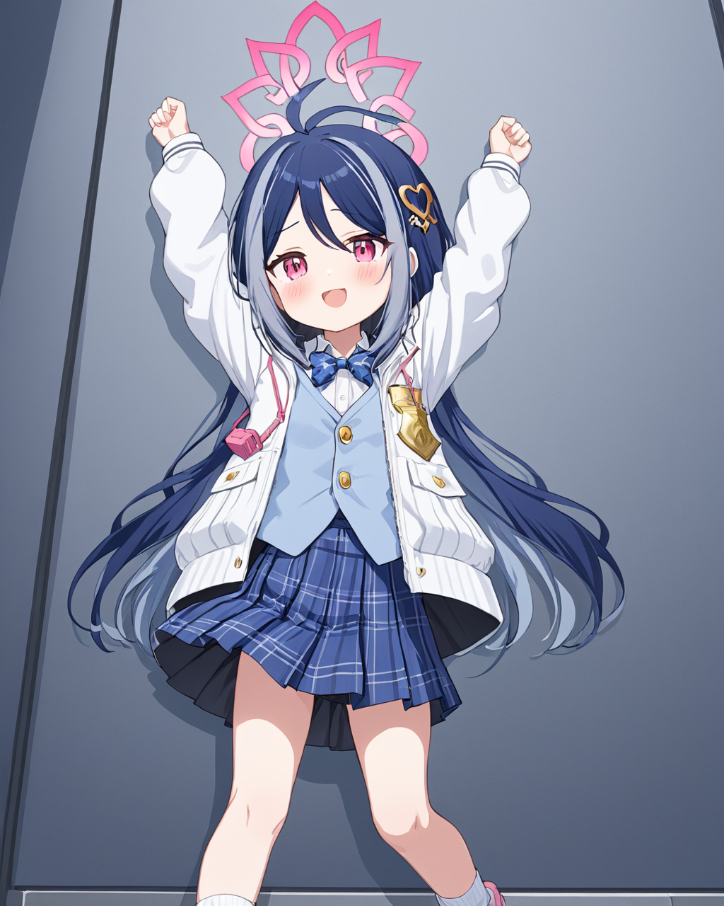 fubuki \(blue archive\),1girl, sneakers, heart_hair_ornament, halo, bag, loose_socks, school_uniform, open_mouth, plaid_skirt, arms_up, full_body, pink_footwear, blush, white_shirt, hairclip, long_sleeves, pleated_skirt, solo, black_skirt, bowtie, button_badge
<lora:fubuki_(blue_archive)_image542_2023-11-26-000015:1>halo. gorgeous,key visual, vibrant, studio anime,award-winning, professional, highly detailed,high budget, cinemascope