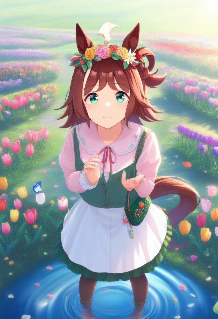 Tulip flower hair_ornament, (umamusume, rhein_kraft_(umamusume), horse_ears, horse_girl, tail, 1girl, ahoge, animal_ears,)
casual, field, flower, flower_field, green_eyes, hair_between_eyes,
head_wreath, looking_at_viewer,  solo, aesthetic, absurdres, symmetric ,spiralling vortex made of multicoloured tulips, lush foliage sunrise,  ripples, reflective, jaynl-tm, rainbow, , g0ldsw0rthy,
(realistic, photo,  artistic, medium_hair, one_eye_closed, petals, relaxing, smile,  : 0.7)