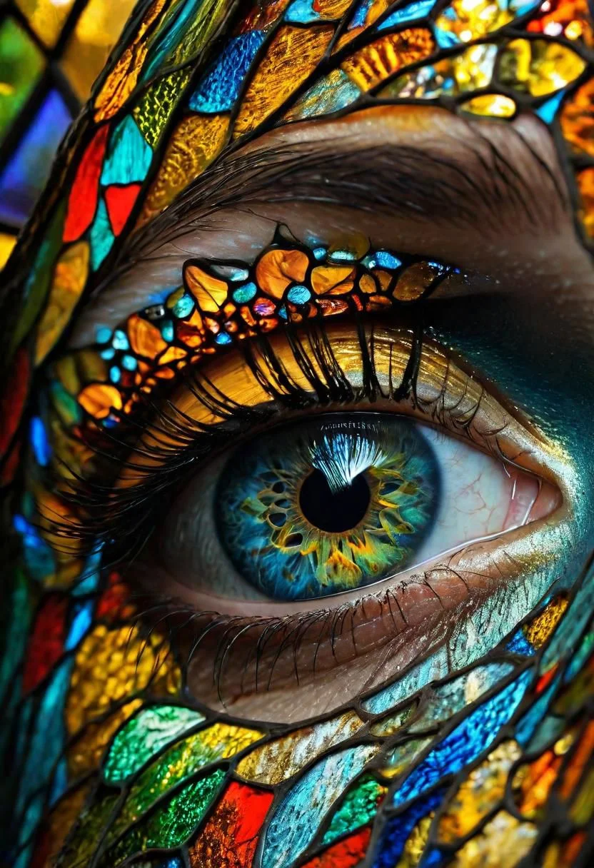 RAW photo, beautiful eyes, macro shot, masterpiece, peeking from behind stained glass, colorful details, award winning, high detailed, 8k, natural lighting, analog film, detailed skin, amazing composition, intricate details, subsurface scattering, velus hairs, amazing textures, filmic, chiaroscuro, soft light