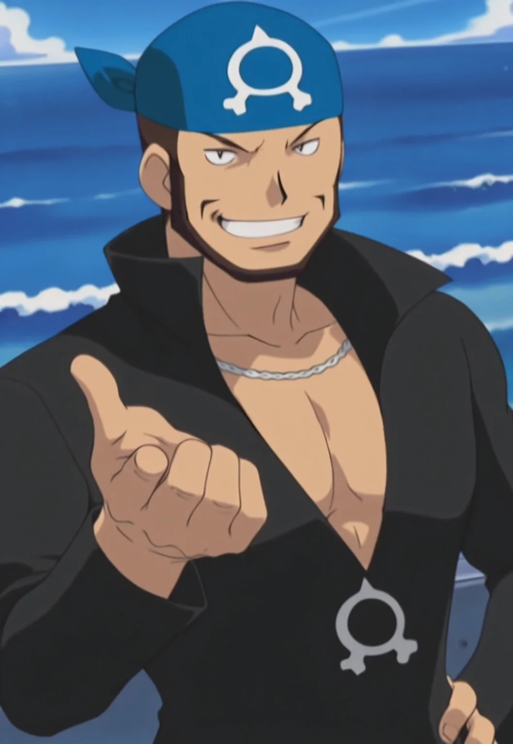 masterpiece, modern, new, 1boy, solo, male, masculine face, daddy looking face,
PokemonAArchie, brown hair, blue bandana, facial hair, popped collar, necklace, black coat, retro artstyle, looking at viewer, smiling, daytime, ocean, beckoning closer
