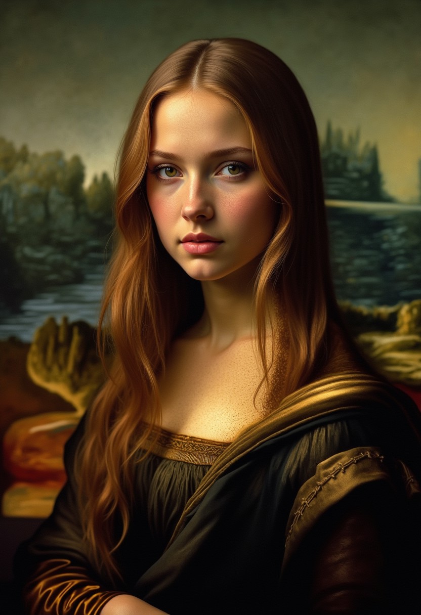An masterpiece Mona Lisa Style , (((kristina pimenova adult face)), intense and powerful, photo-enhanced,