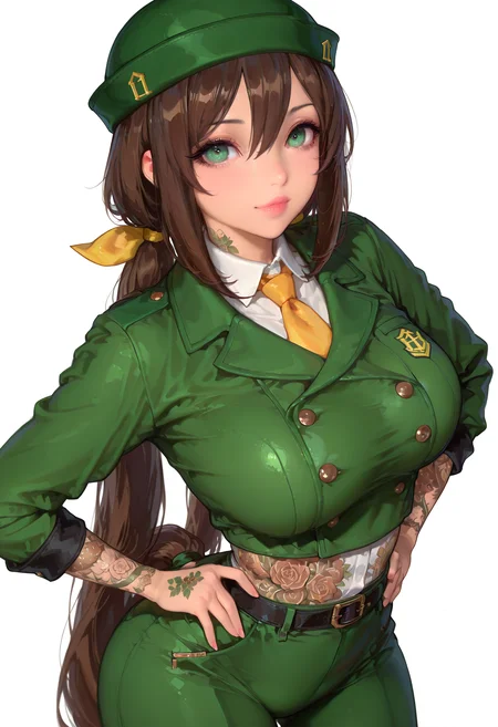 depth of field, cowboy shot, sexy pose, best quality, detailed eyes, perfect eyes, realistic eyes, hands on hips, large breasts,
Incredibly detailed anime illustration, full body tattoo, stunningly beautiful young woman, hayakawa tazuna, umamusume, 1girl, green eyes, hair between eyes, brown hair, long hair, split ponytail, green headwear,, 
BREAK, 
white background,<lora:MoriiMee_Gothic_Niji_Style_Illustrious_r1:0.8> artist:moriimee <lora:mamimi_mamamimi_style_illustrious_goofy:0.4> mamimi style  <lora:CLRSC:0.70> <lora:kittew-artist-richy-v1_ixl:0.6> <lora:Jeweled eyes-NAI:0.7>