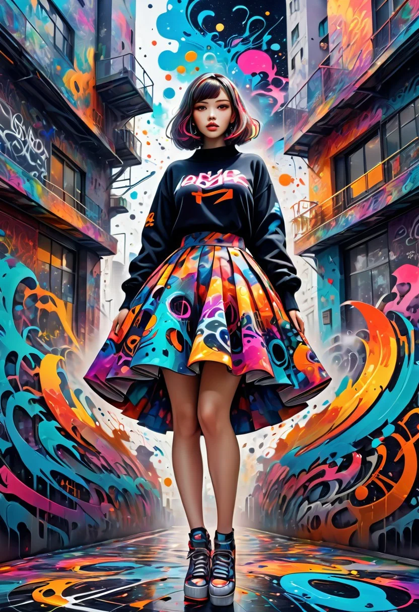 (((masterpiece))), (((best quality))), anime style, 2d, colorful, Timeless, ( 1girl, solo:1.3), she is wearing Graffiti Street Art fashion style Dress, skirt, curve body, big breasts, wide hips, wide thighs, detailed background, in focus, Contemporary, Bimbocore, 64K, HDR, otherworldly, womanly, celestial, fabulous colors, beautiful, illustrious quality, deep aesthetic, Jed-Splash, colourful, <lora:ColourfulStyle:0.7>