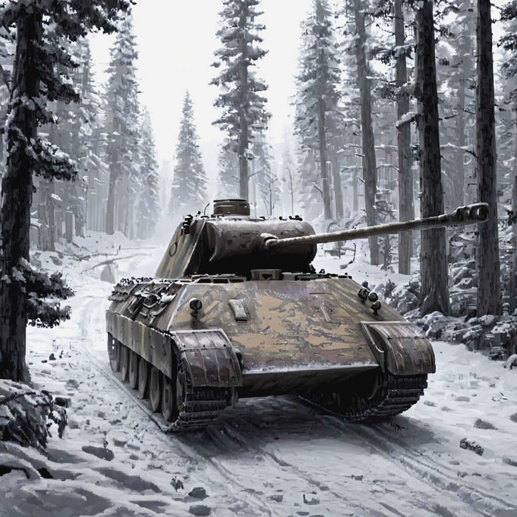 A pnthrtnk tank advancing through the dense, snow-covered Ardennes forest during the Battle of the Bulge, its silhouette barely visible in the heavy snowfall. The scene captures the tank's involvement in Germany's last major offensive in the West, with pine trees laden with snow and the ground marked by the tracks of other tanks  ((pulp_comic, heavy_lines, hand_drawn, hand_inked, hand_colored, perfect_face, apxlz))