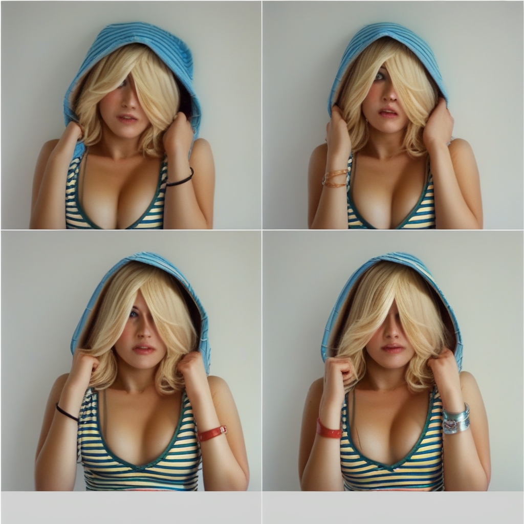 mult120005, multiple views,hair over one eye,blonde hair,, american apparell,1girl,solo,breasts,bracelet,striped, score_9, score_8_up, score_7_up, score_6, score_5, score_4, <lora:2000_Indie_Sleaze_AA:1>hood