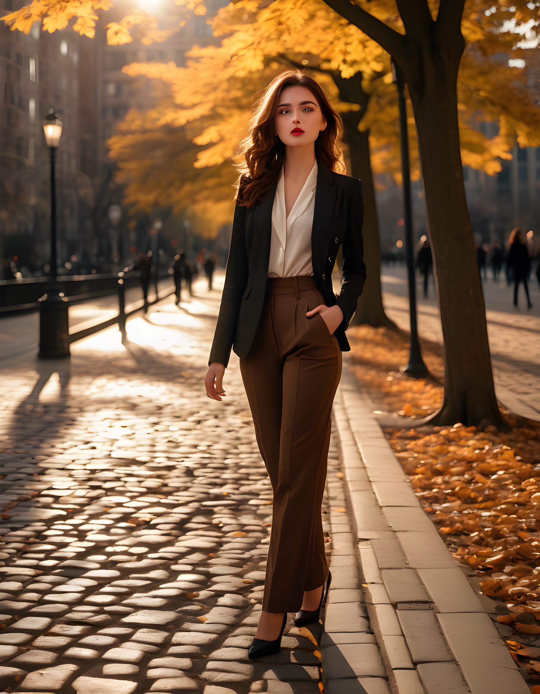 In a bustling urban park at dusk, a captivating woman named N4NCYJMM with luscious brown hair cascading down her back, adorned in a chic, monochrome ensemble consisting of a fitted black blazer and high-waisted brown trousers, stands alone on a cobblestone pathway. The setting sun casts warm golden hues across her face, illuminating her striking features, particularly her expressive brown eyes that seem to pierce through the viewer as she gazes intently with bold black contacts, her full lips slightly parted in a hint of intrigue. A delicate breeze rustles the leaves overhead, creating dappled shadows on the ground and adding an air of mystery to this otherwise ordinary scene. The camera is positioned at eye level, capturing her from head to toe, highlighting her poise and confidence as she stands tall and self-assured, a solitary figure amidst the backdrop of the vibrant city life beyond the park's perimeter.