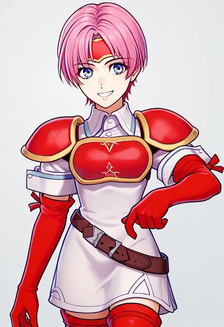 score_9, score_8_up, score_7_up, source_anime BREAK 1girl, solo, <lora:zs_EngagePortraitsXL:1> engageportraits, portrait, white background 
, <lora:MarciaFE-pdxl:1> defMarcia, short hair, white tunic, collared shirt, short sleeves, red armor, breastplate, headband, shoulder armor, red elbow gloves, thigh boots, belt, smile