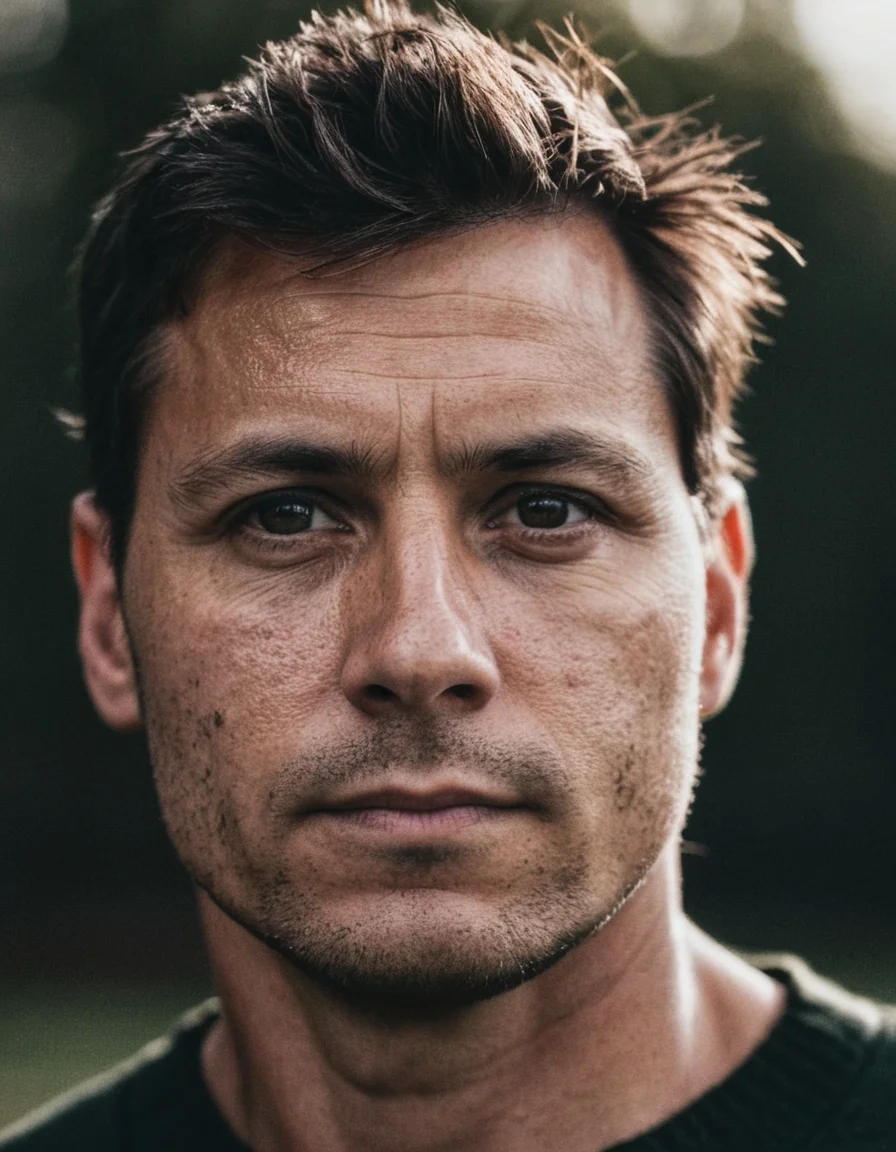 front shot, portrait photo of a 35 y.o man, looks away, natural skin, skin moles, (cinematic, film grain:1.1)