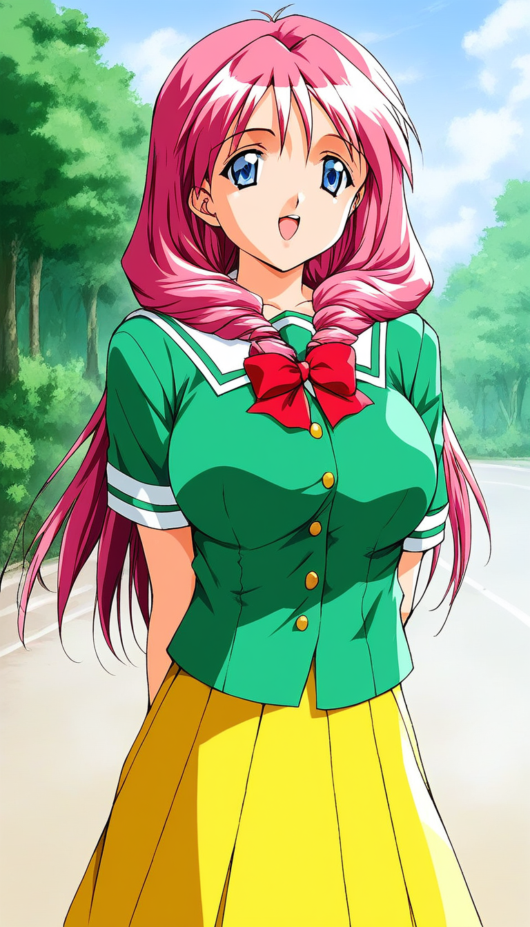 score_9, score_8_up, score_7_up, source_anime, rating_explicit, BREAK  <lora:Shirayuki_Mahoï¼Shirayuki_Miho_XL:1> shirayuki, pink hair, blue eyes, long hair, large breasts, hair over shoulder, 1990s (style), solo,
school uniform,Yellow skirt, green shirt, arms behind back, bow,  open mouth, red bow,
 day, outdoors, shirt