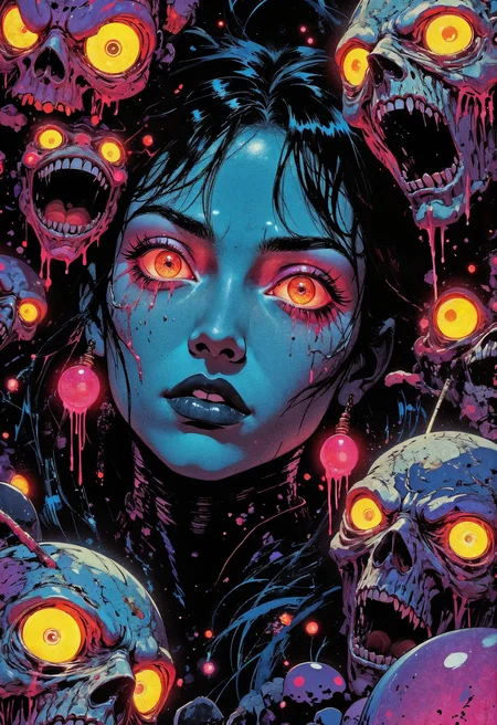 (in Otomo Katsuhiro style:1.2), masterpiece, high-quality, A character with hair flowing like liquid shadows, her face illuminated by a pair of otherworldly glowing eyes, surrounding her are floating monstrous masks with distorted expressions, each mask dripping with neon colors, Style is Horror-fantasy realism with intricate details, vibrant color contrast, eerie yet enchanting, (elaborate fine details:1.1), (hyperdetailed:1.1), (intricate details:1.0), (Refined details:1.1), (best quality:1.1), (high resolution:1.2), <lora:FLUX\Anime v1.3:0.6> <lora:FLUX\Elden_Ring_-_Yoshitaka_Amano:0.5> <lora:FLUX\RetroAnimeFluxV1:0.4> <lora:FLUX\Comic book V2:0.8> <lora:FLUX\PrismaticPersona:0.7>