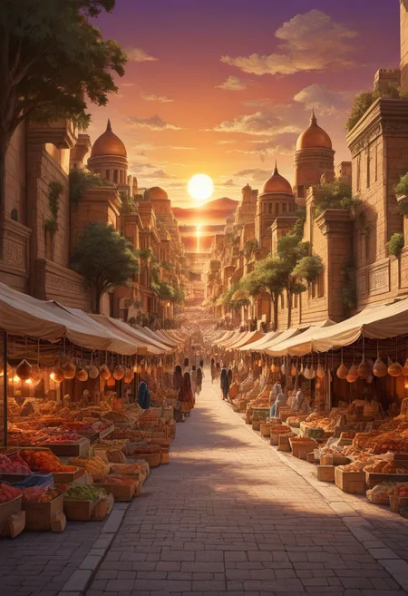 prefect lighting,very aesthetic,best quality,
intricate details,highly detailed background,(masterpiece:0.9),high quality, masterpiece,best quality,ultra-detailed, shorx1, street, market, building, tree, sun, sunset, gardens, clouds,