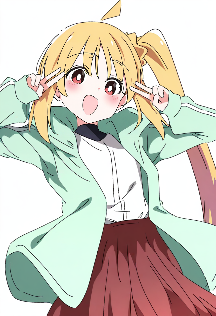 1girl, blonde hair, solo, ijichi nijika, side ponytail, red eyes, simple background, white background, v, long hair, smile, skirt, shirt, looking at viewer, white shirt, open mouth, double v, :d, jacket, red skirt, green jacket, long sleeves, ahoge, blush, bangs, open clothes <lora:ixyXL_NBVP1_lokr_V6311PZ:0.95>