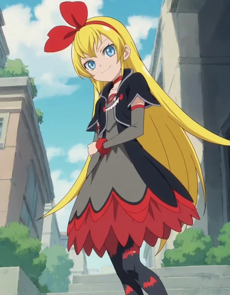 score_9, score_8_up, score_7_up,anime screencap,1girl,solo,regina, 1girl, bat print, pantyhose, blue eyes, choker, smile, bow, cropped jacket, hair bow, print legwear, red ribbon, dress, looking at viewer, red bow, hairband
small breasts,cowboy shot <lora:regina:0.8>