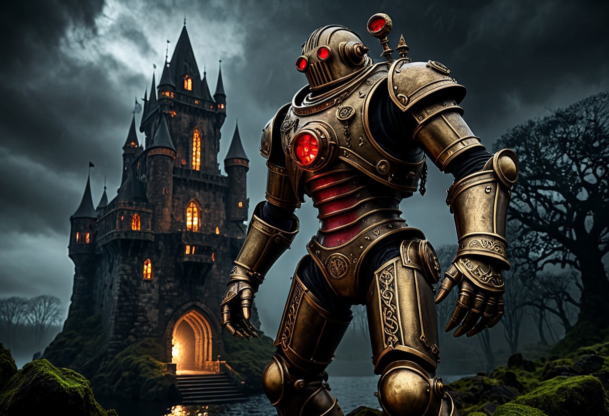 giant bipedal robot brass and dirty red
 striped paint, bronze paisley robot. lacy robot metal. diving helmet torso head. outside of a steampunk keep. large detailed torso. dark image. one forty foot tall ancient robot with great arms and two heavy spring legs. dark foggy night background. $dark foggy night image only. dark photo realistic image. steampunk details. cogs, chains and pipes incorporated in the fantasy buildings. magic wizards tower in background. Dark swamp, moss, castle ruins, wizards tower. stormy dark night. stormy sky. rain.