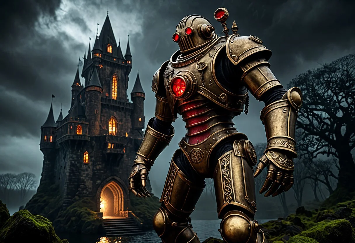 giant bipedal robot brass and dirty red
striped paint, bronze paisley robot. lacy robot metal. diving helmet torso head. outside of a steampunk keep. large detailed torso. dark image. one forty foot tall ancient robot with great arms and two heavy spring legs. dark foggy night background. $dark foggy night image only. dark photo realistic image. steampunk details. cogs, chains and pipes incorporated in the fantasy buildings. magic wizards tower in background. Dark swamp, moss, castle ruins, wizards tower. stormy dark night. stormy sky. rain.