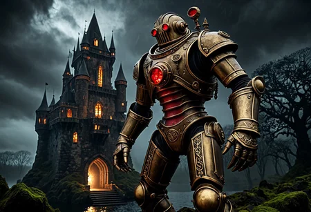 giant bipedal robot brass and dirty red
striped paint, bronze paisley robot. lacy robot metal. diving helmet torso head. outside of a steampunk keep. large detailed torso. dark image. one forty foot tall ancient robot with great arms and two heavy spring legs. dark foggy night background. $dark foggy night image only. dark photo realistic image. steampunk details. cogs, chains and pipes incorporated in the fantasy buildings. magic wizards tower in background. Dark swamp, moss, castle ruins, wizards tower. stormy dark night. stormy sky. rain.
