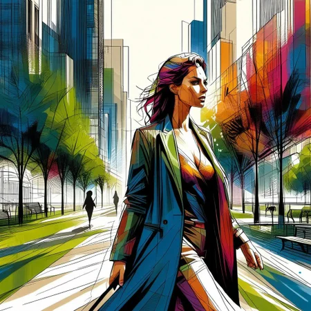 InkBlast, portrait, 1woman walking through a city park