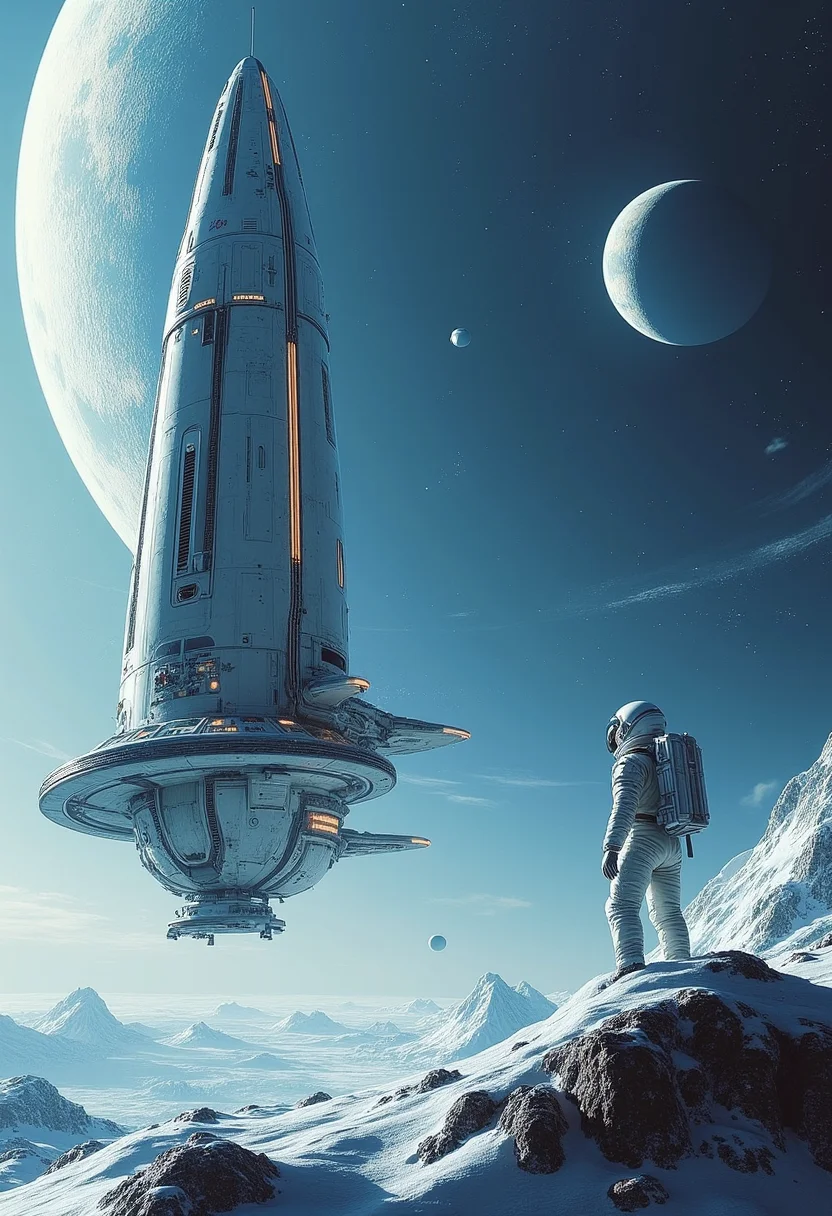 yfg-taal An atmospheric, high-resolution image of a lone, silver spaceship approaching the orbit of a distant, icy blue planet, with its landing gear extended and a humanoid astronaut in a white spacesuit stepping out onto the alien terrain's rugged, rocky surface under the soft glow of a binary star system's dual suns.