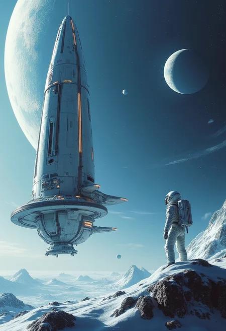 yfg-taal An atmospheric, high-resolution image of a lone, silver spaceship approaching the orbit of a distant, icy blue planet, with its landing gear extended and a humanoid astronaut in a white spacesuit stepping out onto the alien terrain's rugged, rocky surface under the soft glow of a binary star system's dual suns.