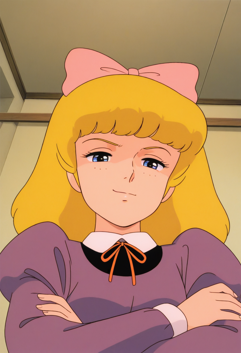 masterpiece, best quality, source_anime,official art,perfect_anatomy,1980s_\(style\),retro_artstyle,1girl,solo,Lavinia Herbert,blonde_hair,long_hair,hair_bow,neck_ribbon,shirt,purple_dress,puffy_sleeves,crossed arms,looking_down_at_viewer,giggling,upper body,close_to_viewer,below view,indoors,bedroom