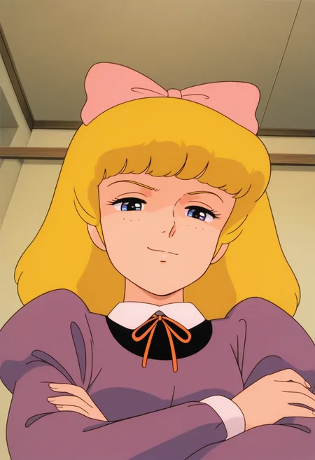 masterpiece, best quality, source_anime,official art,perfect_anatomy,1980s_\(style\),retro_artstyle,1girl,solo,Lavinia Herbert,blonde_hair,long_hair,hair_bow,neck_ribbon,shirt,purple_dress,puffy_sleeves,crossed arms,looking_down_at_viewer,giggling,upper body,close_to_viewer,below view,indoors,bedroom