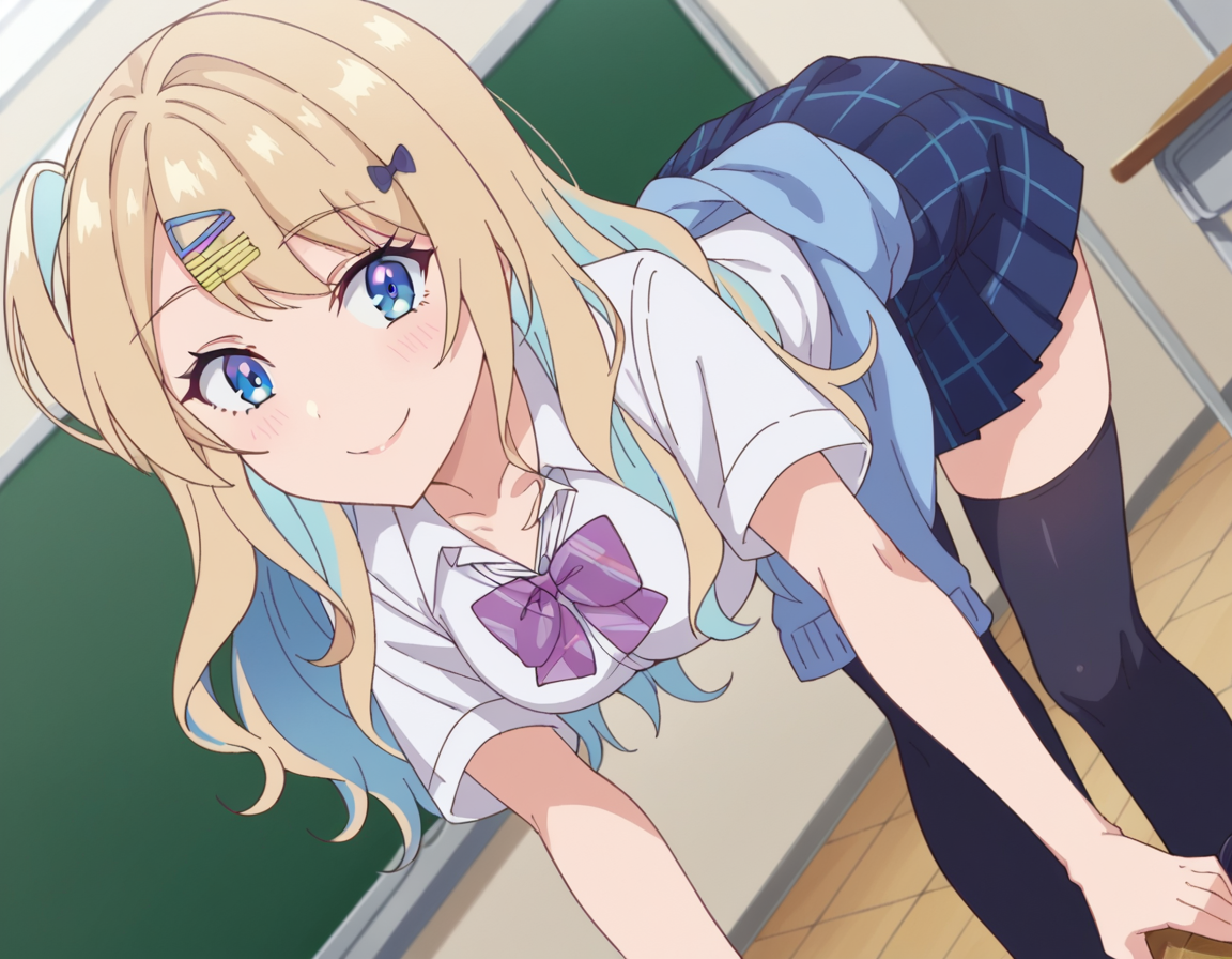 score_9, score_8_up, score_7_up, source_anime,
lunashirakawa, <lora:luna-shirakawa-s1-ponyxl-lora-nochekaiser:1>,
luna shirakawa, long hair, blue eyes, blonde hair, hair ornament, bow, multicolored hair, hairclip,
skirt, shirt, thighhighs, bow, school uniform, white shirt, pleated skirt, shoes, black thighhighs, bowtie, blue skirt, plaid, plaid skirt, loafers, purple bow, clothes around waist, gyaru, purple bowtie,
indoors, classroom, bent over, smile,
looking at viewer, dutch angle, cowboy shot,