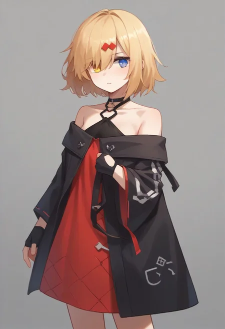 score_9, score_8_up, score_7_up, source_anime, BREAK
standing, blonde hair, heterochromia, blue eyes, yellow eyes, mg36, hair over one eye, hair ornament, fingerless gloves, choker, off shoulder, dress