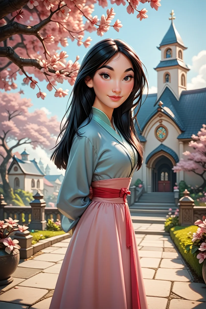 score_9, score_8_up, score_7_up,
<lora:DisneyMulan:0.8>
DisneyMulan, 1girl, black hair, black eyes, long hair, looking at viewer, arms behind back, leaning forward, standing, outdoors, cherry blossoms, smile, garden, church