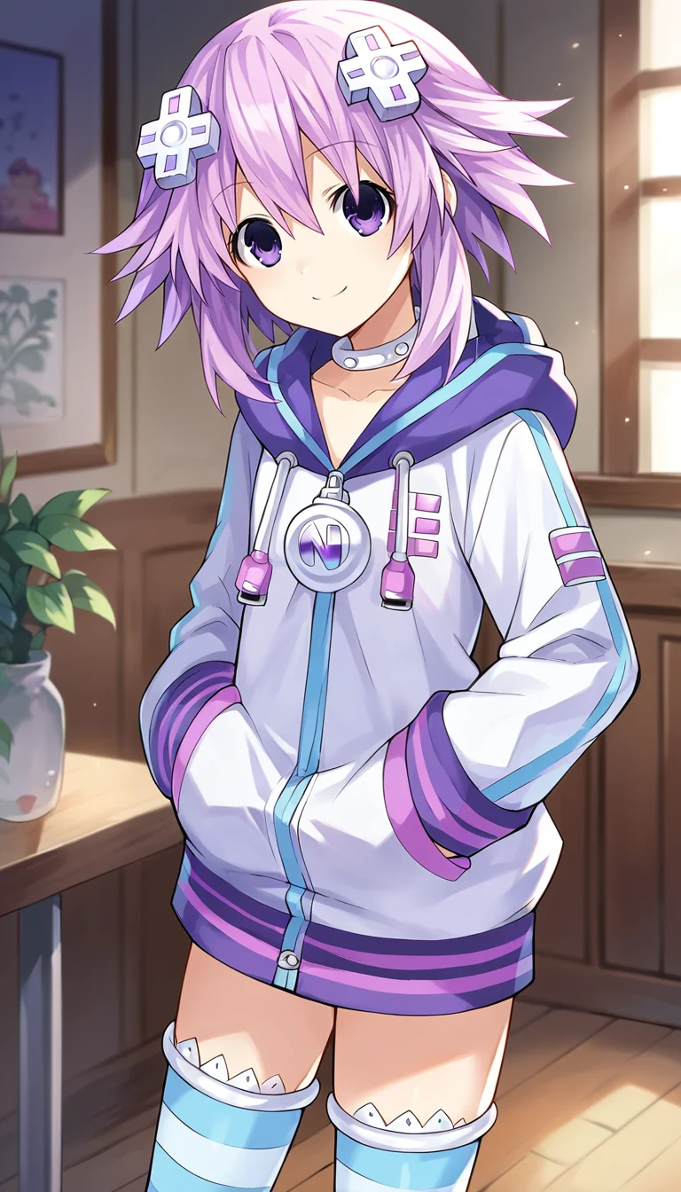 score_9, score_8_up, score_7_up, score_6_up, score_5_up, source_anime, 1girl, solo, purple eyes, purple hair, short hair, sidelocks, d-pad hair ornament, smile, closed mouth, choker, shoes, white choker, hoodie, jacket, striped, striped legwear, thighhighs, standing, looking at viewer, dutch angle, cowboy shot, indoors, <lora:Neptune_Neptunia_PonyXL:0.8>, Neptune \(neptunia)\,