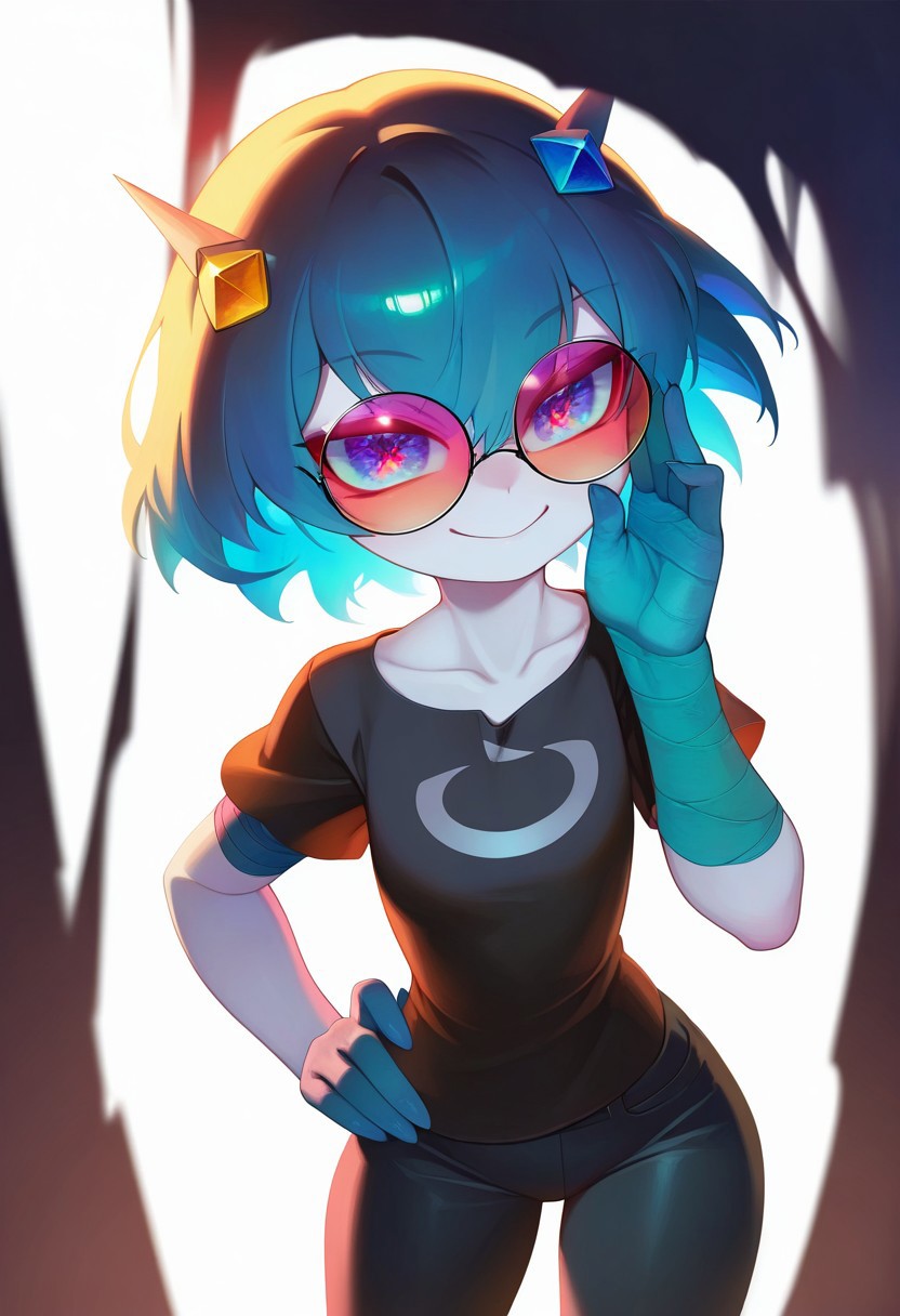 masterpiece, best quality, very aesthetic, high resolution, ultra-detailed, absurdres, newest, extremely detailed eyes, beautiful, perfect lighting, hi res, amazing quality, very awa, Brightly Lit, Highly Visible, 8k, sharp focus, beautiful, perfect lighting, volumetric lighting, scenery, painting_(artwork), Score_ST, 1girl, solo, looking at viewer, smile, short hair, blue eyes, simple background, shirt, hair ornament, white background, blue hair, collarbone, short sleeves, glasses, pants, hand on hip, black shirt, colored skin, bandages, black pants, bandaged arm, round eyewear, adjusting eyewear, tinted eyewear