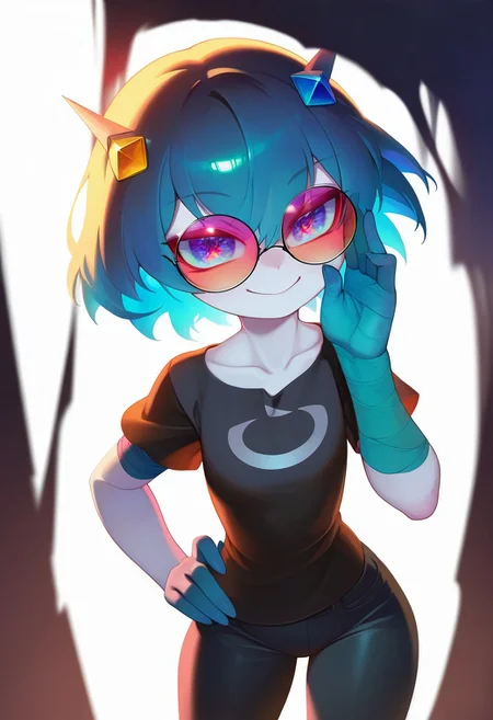 masterpiece, best quality, very aesthetic, high resolution, ultra-detailed, absurdres, newest, extremely detailed eyes, beautiful, perfect lighting, hi res, amazing quality, very awa, Brightly Lit, Highly Visible, 8k, sharp focus, beautiful, perfect lighting, volumetric lighting, scenery, painting_(artwork), Score_ST, 1girl, solo, looking at viewer, smile, short hair, blue eyes, simple background, shirt, hair ornament, white background, blue hair, collarbone, short sleeves, glasses, pants, hand on hip, black shirt, colored skin, bandages, black pants, bandaged arm, round eyewear, adjusting eyewear, tinted eyewear