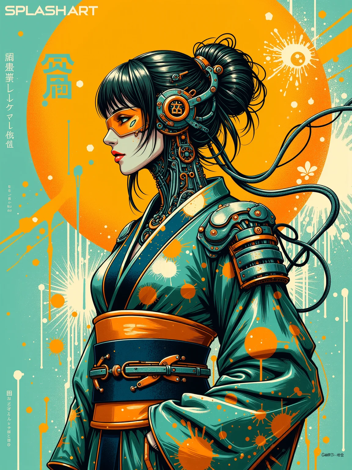(vertical sign reading "SPLASH ART":1.3) , mad-cbrpnksplshrt cyberpunk woman wearing a futuristic kimono in front of stylized sun, cybernetic implants, paint splashes, outrun, teal and yellow background,<lora:Neon_Cyberpunk_Splash_Art_FLUX:0.6>