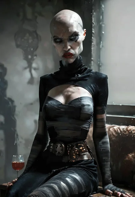 score_9, score_8_up, score_7_up, score_6_up, photo, realistic face, asa11, 1girl, grey skinned woman, dark red lips, tattoos on face, grey eyes, makeup, bald, black dress with high collar, open cheast, waist bandages, arm bandages, belt, long skirt, star wars cantina, sitting, alcohol, solo, skin texture, pores, dynamic lighting, detailed shadows, dim light, ExpresHGothicNeonIncase, high resolution