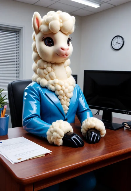 a bored Latex alpaca in a office, at a desk, boring office job, cubicle, very detailed, 4k, sharp