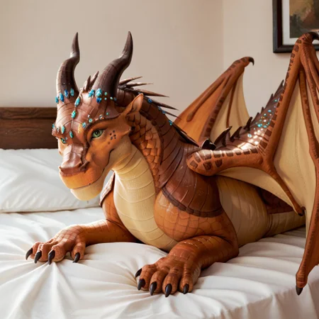 score_9, score_8_up, score_7_up, score_6_up, score_5_up, score_4_up, masterpiece, high quality, realistic, detailed, best quality, white bed, solo, rating_safe, source_furry, bedroom, smiling, seductive, looking at viewer, lying on belly, Moorhen_wof, gem embedded face, gemstones, green eyes, female, 1girl, detailed eyes, Mudwing, brown scales, dragon, horns, claws, wings, tail