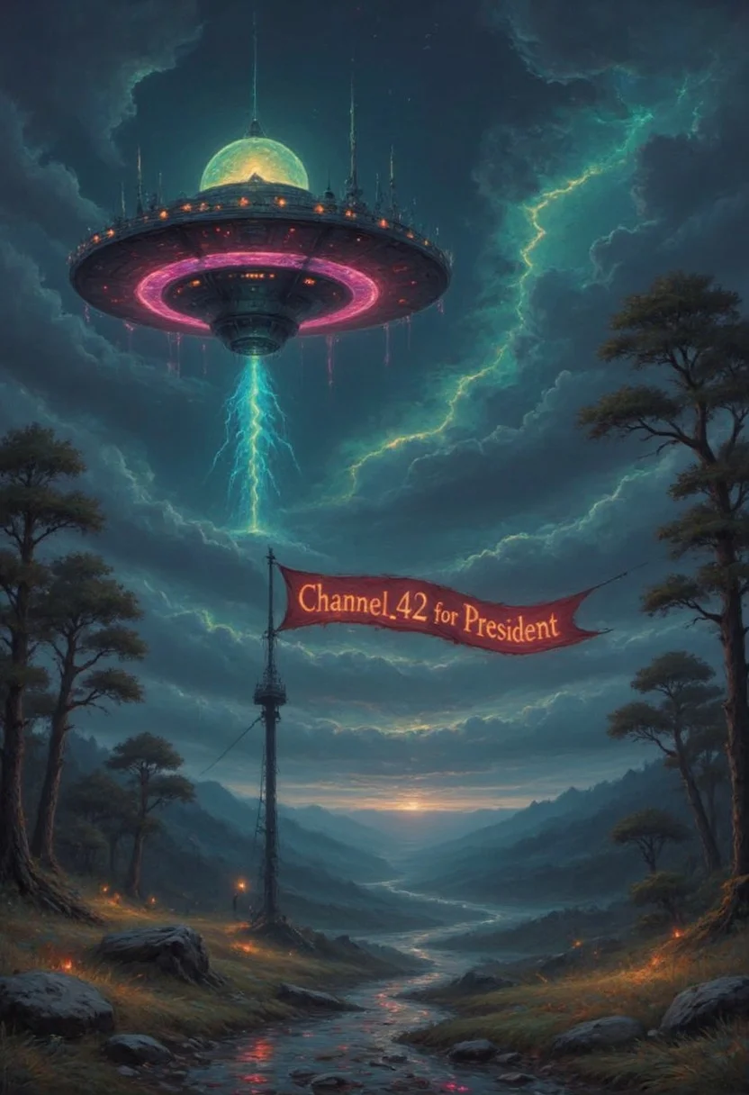 *Channel_42* *中* *Station_42* *Broadcasting*
*Nightshade* *Midnight* *Ancient* *Hills* *Woods* *Sea* *Isolated* *Cyan* *Magenta* *Yellow*
A UFO pulling a banner that reads "Channel_42 for President!"
*Shutting down* *Going Dark* *Offline*
