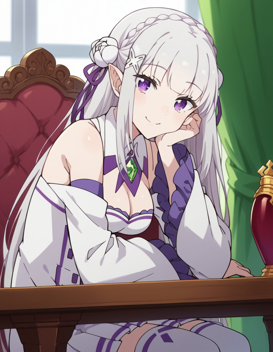 score_9, score_8_up, score_7_up, source_anime, <lora:rezero-emilia-s3-leak-ponyxl-lora-nochekaiser:1>, emilia, braid, crown braid, flower, hair flower, hair ornament, hair ribbon, long hair, pointy ears, purple eyes, white hair, x hair ornament,, detached collar, detached sleeves, frilled sleeves, frills, long sleeves, miniskirt, pleated skirt, ribbon, skirt, thighhighs, white skirt, white sleeves, white thighhighs, wide sleeves, zettai ryouiki,, indoors, smile, looking at viewer, solo, sitting, head rest, table,, cowboy shot, dutch angle